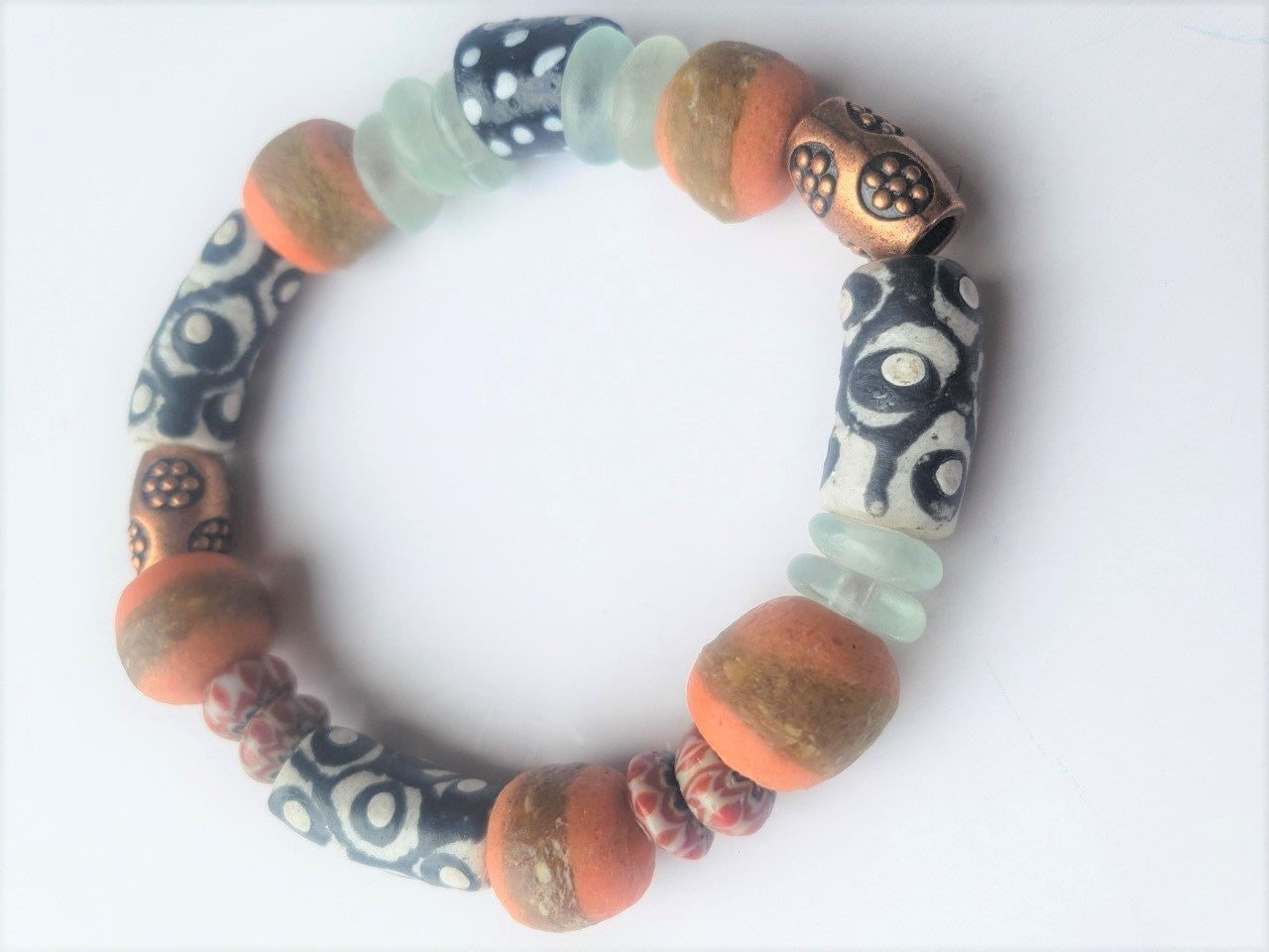 Black & White Painted African Krobo + Recycled Glass Bead Men's Bracelet with Copper Accents (8in)